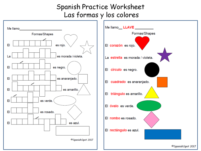 Spanish vocabulary practice worksheet for shapes, image 9, Grammar and Mechanics category Fourth grade Spanish worksheet featuring common shapes with pronunciation guides