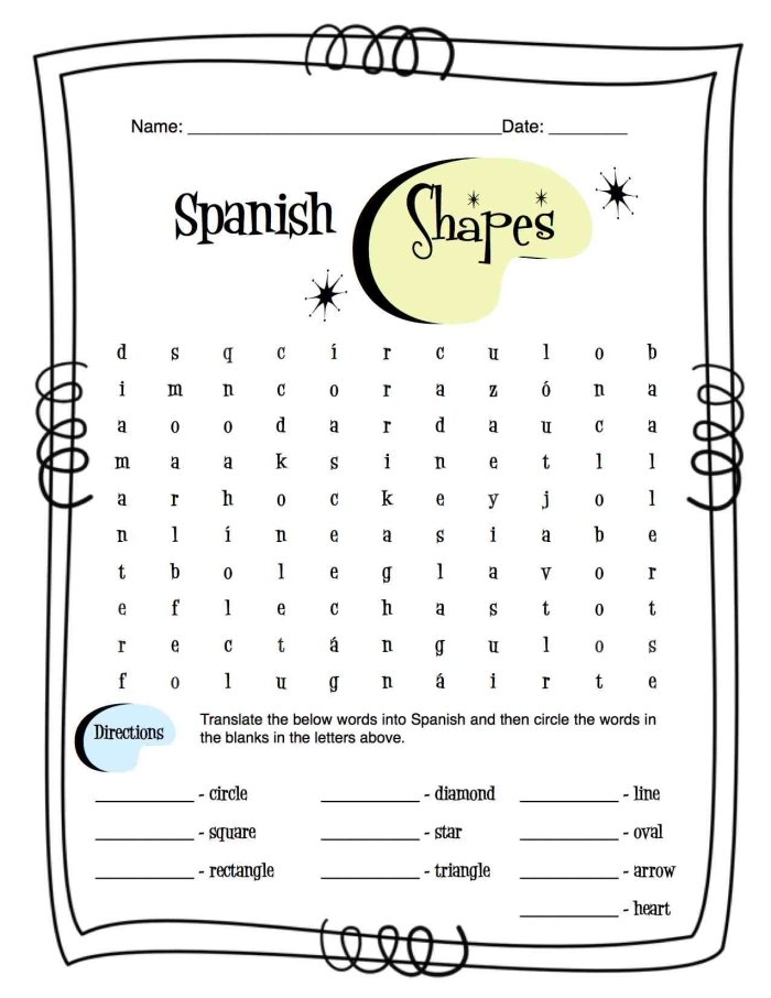 Spanish shapes vocabulary practice worksheet for young learners, image 13 Fourth grade Spanish worksheet teaching shape names with pronunciation guide