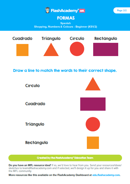 Spanish shapes vocabulary practice worksheet for young learners, image 12 Fourth-grade Spanish worksheet featuring common shape names with pronunciation guides