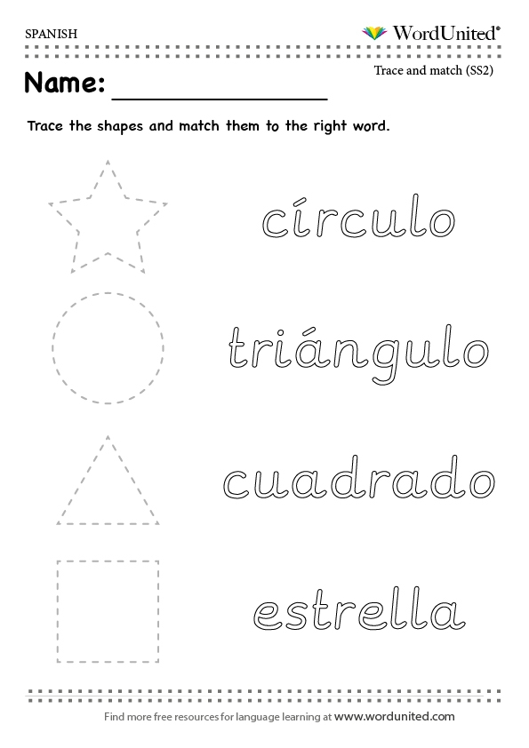Spanish shapes vocabulary practice worksheet for young learners, image 24 Fourth grade Spanish worksheet featuring various shapes with their names and pronunciation guides