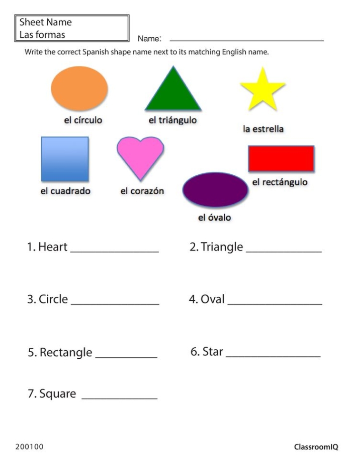 Spanish shapes learning worksheet for fourth graders focusing on grammar and mechanics skills Fourth grade Spanish worksheet featuring shapes vocabulary with spelling and pronunciation practice