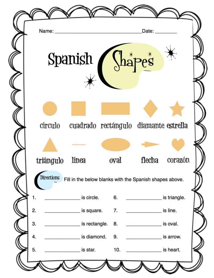 Spanish shapes vocabulary practice worksheet for young learners number 18 Fourth grade worksheet teaching Spanish shape names with spelling and pronunciation