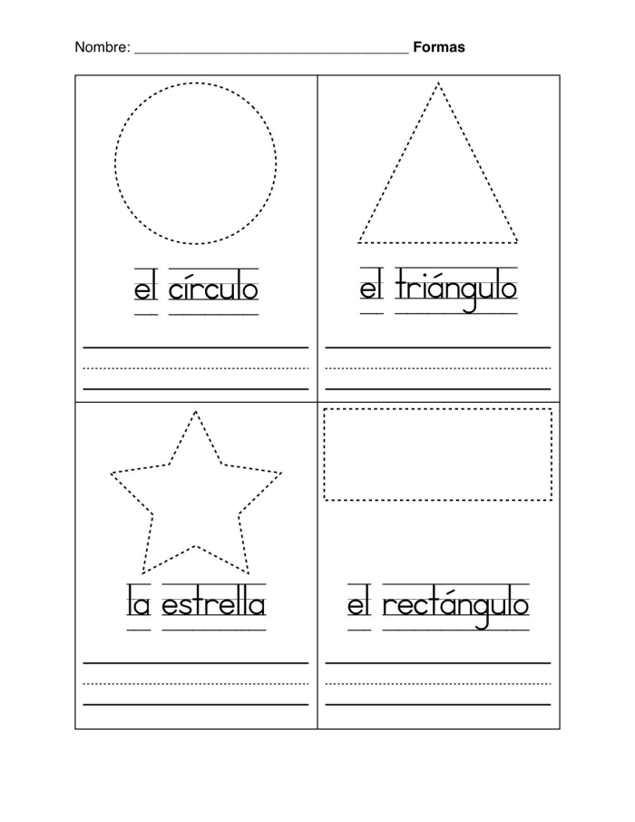 Spanish shapes vocabulary practice worksheet for young learners, image 10 Fourth Grade worksheet teaching Spanish shape names with spelling and pronunciation