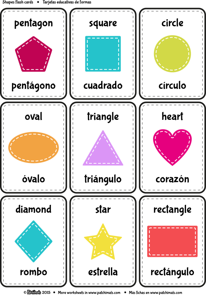 Practice spelling and pronunciation of shapes in Spanish for young learners Fourth grade worksheet teaching Spanish vocabulary for common shapes