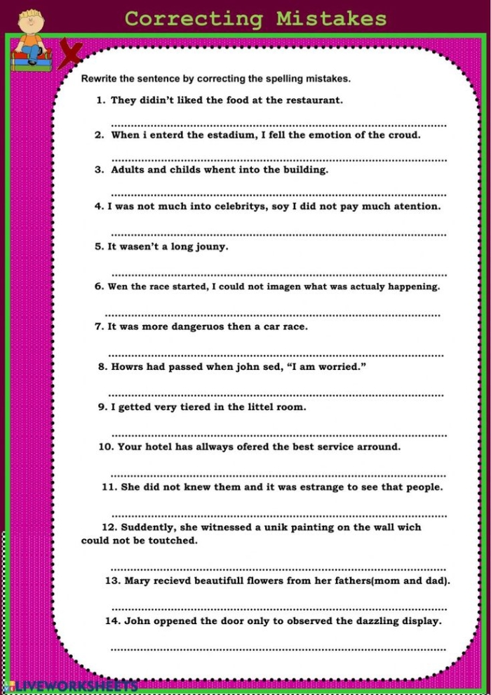 Spelling correction activity for third grade featuring Natalie and Joseph's tests Third graders correcting spelling mistakes on a worksheet about time and money