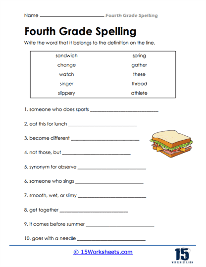 Fourth Grade Check-In worksheet focusing on spelling and vocabulary with three engaging exercises