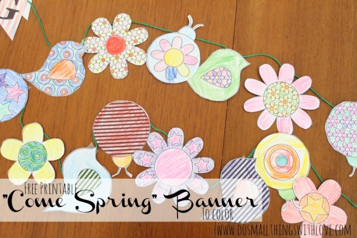 First Grade String a Spring Banner worksheet with flowers and springtime images to color and string for Easter