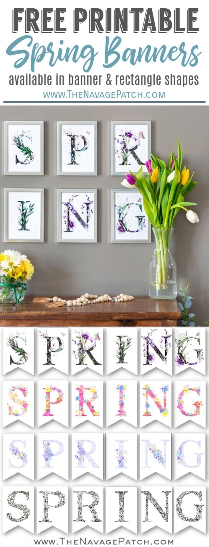 First Grade String a Spring Banner worksheet with flowers and springtime images to color and decorate for Easter