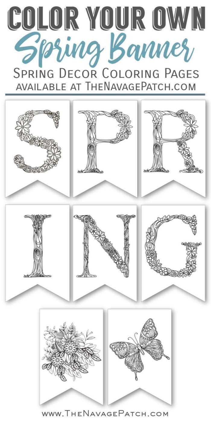 First Grade String a Spring Banner worksheet with flowers and springtime images to color and hang