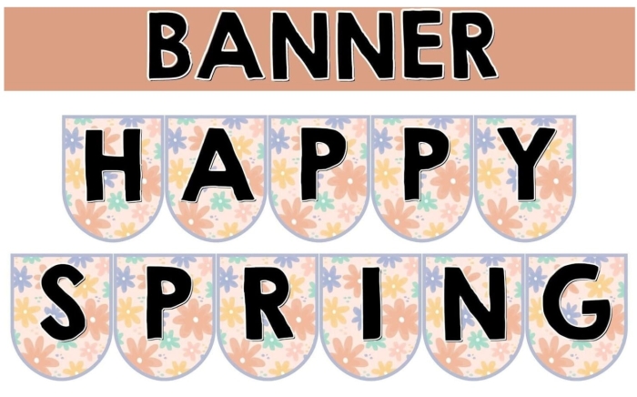 First Grade String a Spring Banner worksheet with flowers and springtime images to color and assemble