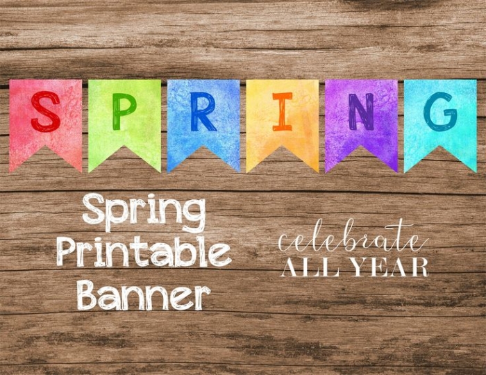 First Grade String a Spring Banner worksheet with flowers and springtime images to color and assemble