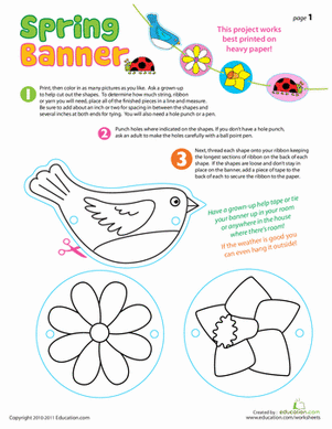 First Grade String a Spring Banner worksheet with flowers to color and string for Easter decoration