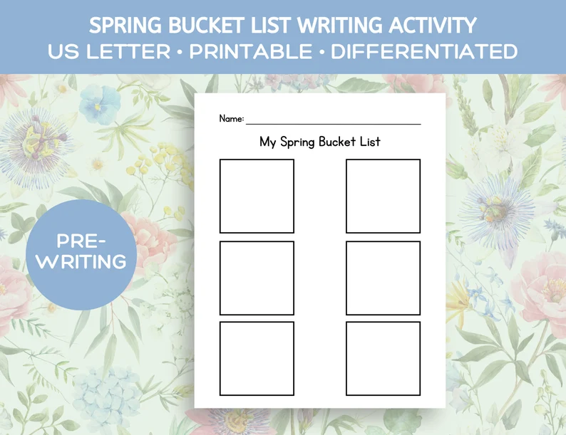 First Grade Spring Bucket List worksheet featuring fun outdoor activities and simple geometry shapes