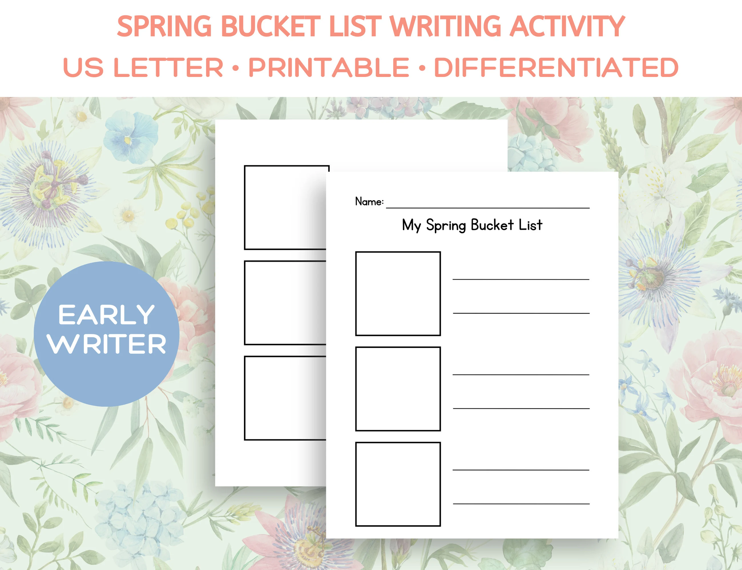 First Grade Spring Bucket List worksheet featuring fun outdoor activities and simple geometry tasks