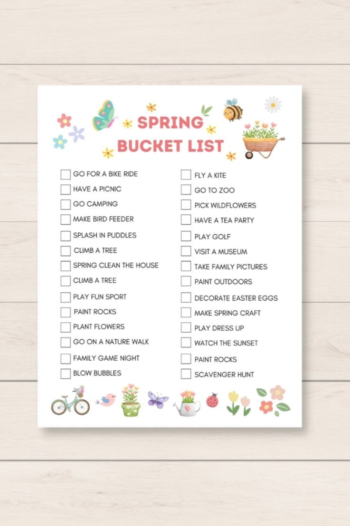 First Grade spring bucket list worksheet featuring fun outdoor activities and simple geometry shapes