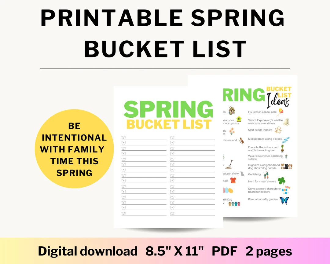 First Grade Spring Bucket List worksheet featuring fun outdoor activities and simple shapes