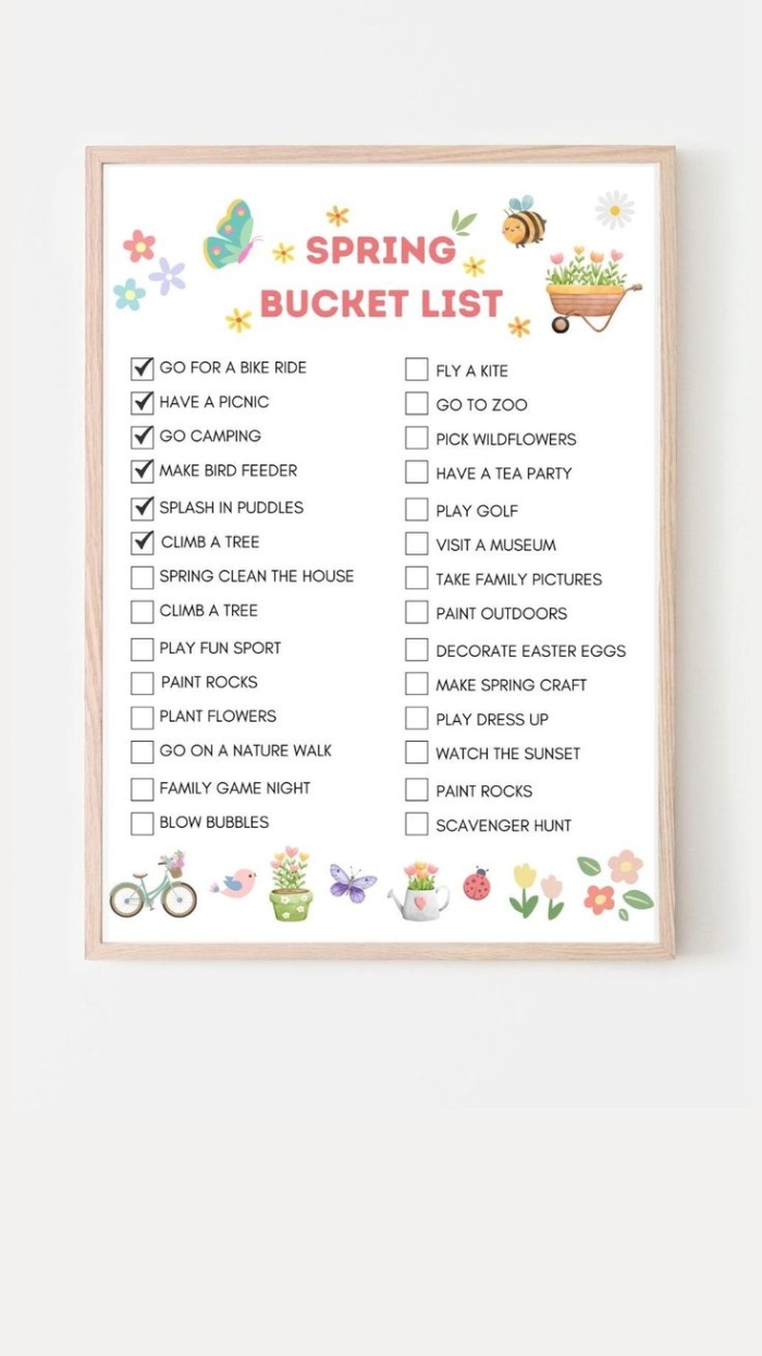 First Grade Spring Bucket List worksheet featuring colorful outdoor activities and simple geometry shapes