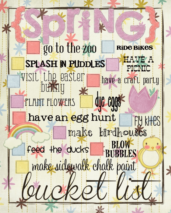 First Grade Spring Bucket List worksheet with colorful spring-themed graphics and geometry shapes
