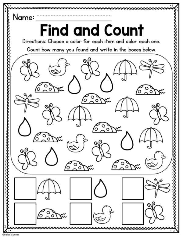 Preschool children choosing spring clothes on a colorful worksheet with rain and sun illustrations