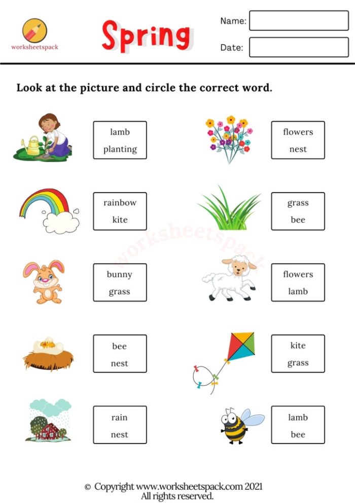 Preschooler circling spring clothes on a rainy day worksheet for phonics learning