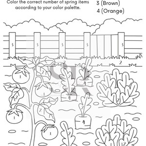 Creative springtime coloring activity for young learners practicing fractions, worksheet image 23 Kindergarten worksheet featuring a spring scene with flowers and animals to color and learn fractions