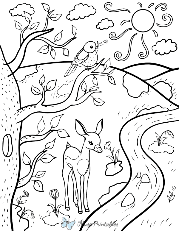 Creative springtime coloring worksheet for young learners to practice fractions and colors Colorful spring nature scene with flowers and trees for kindergarten fractions activity