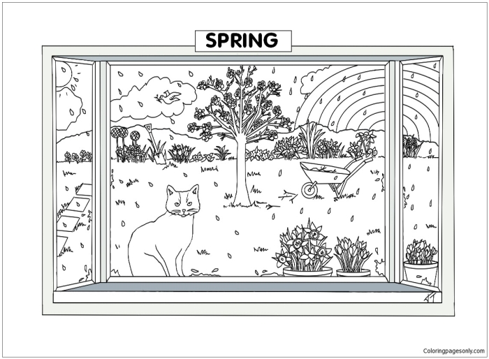 Creative Color the Springtime Scene activity for young learners, image 24 Kindergarten worksheet featuring a springtime nature scene to color and learn fractions