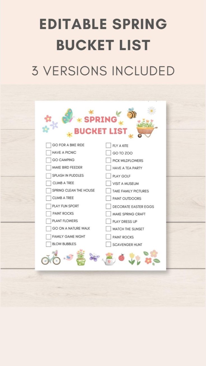 First Grade Spring Bucket List worksheet featuring colorful spring-themed geometry activities