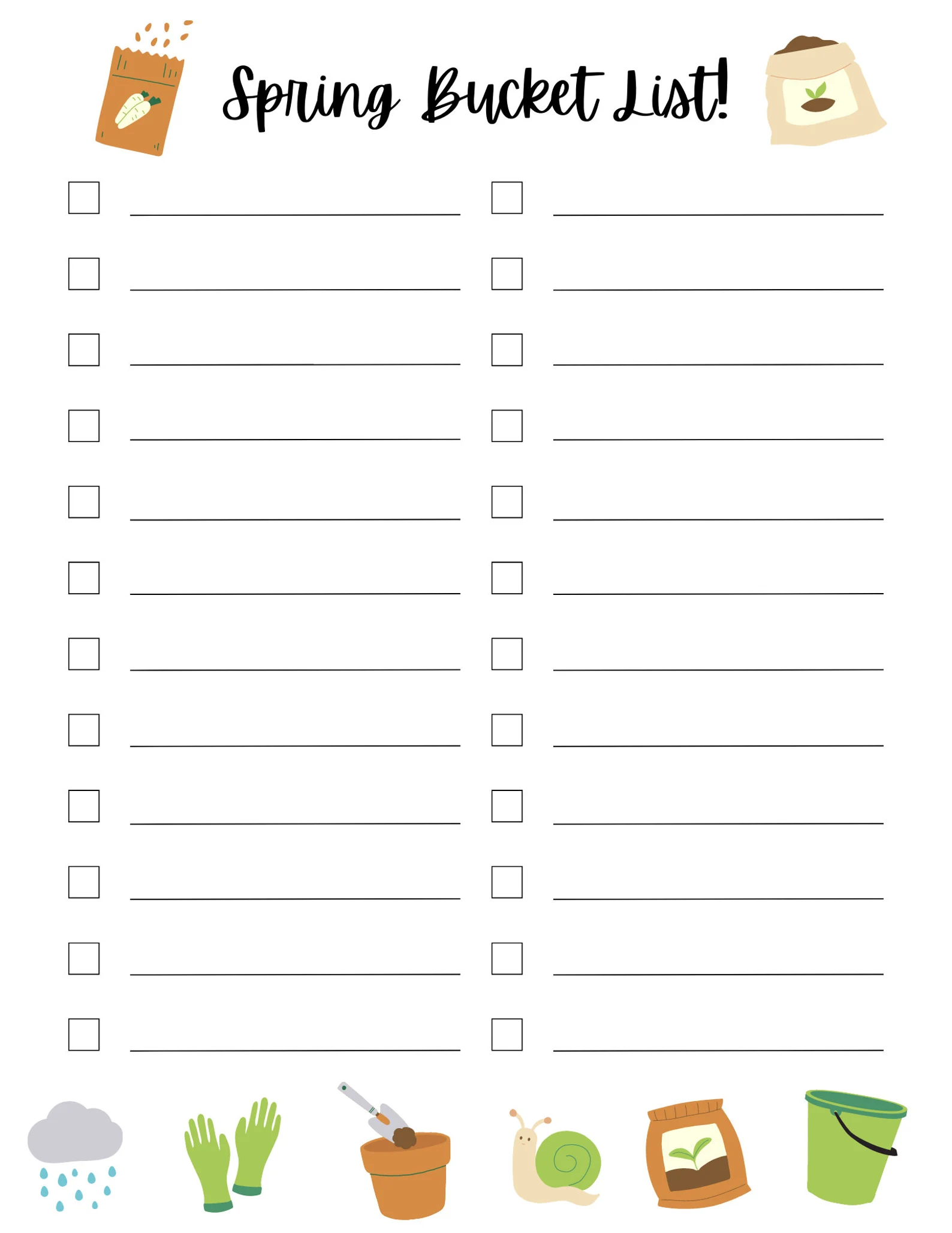 First Grade Spring Bucket List worksheet featuring outdoor family activities and geometry shapes