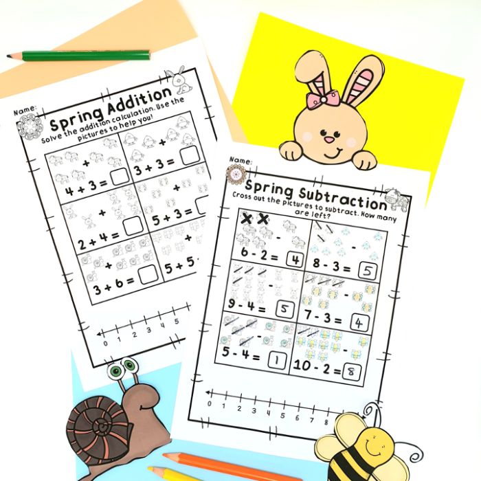 Colorful worksheet featuring fruit and vegetable themed subtraction problems for kindergarteners. Spring Kindergarten Math Assessment: Subtraction within 20 for young learners.