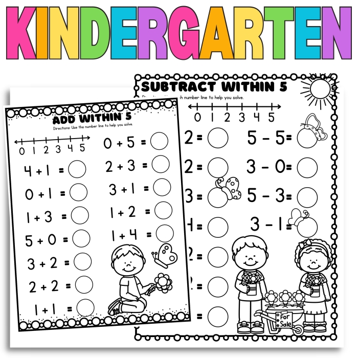 Colorful worksheet featuring fruit and vegetable themed subtraction problems for kindergarteners