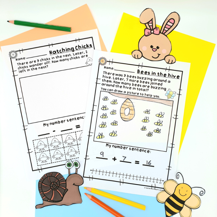 Colorful worksheet featuring fruit and vegetable themed subtraction problems for kindergarten students