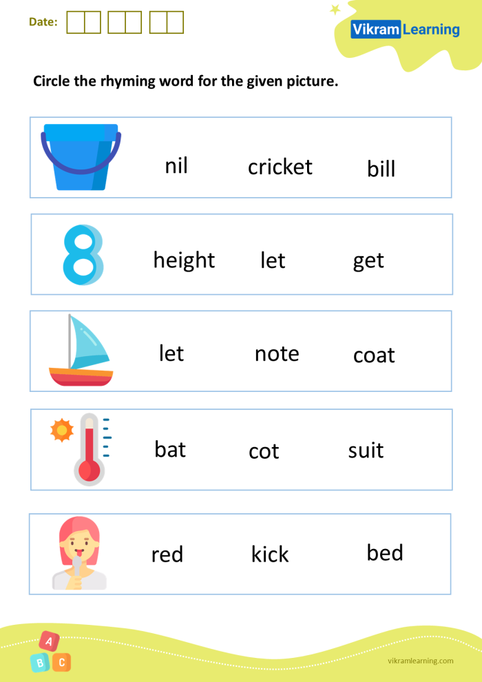 Spring Assessment worksheet for kindergarten students focusing on recognizing rhyming words. Phonemic Awareness: Rhyming Words Worksheet for Grade K.