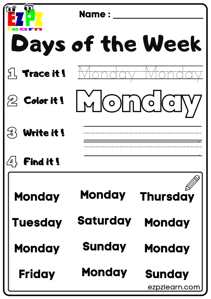 Interactive resource designed to enhance learning of the days of the week Colorful Spring into Spelling worksheet focused on the days of the week for kids