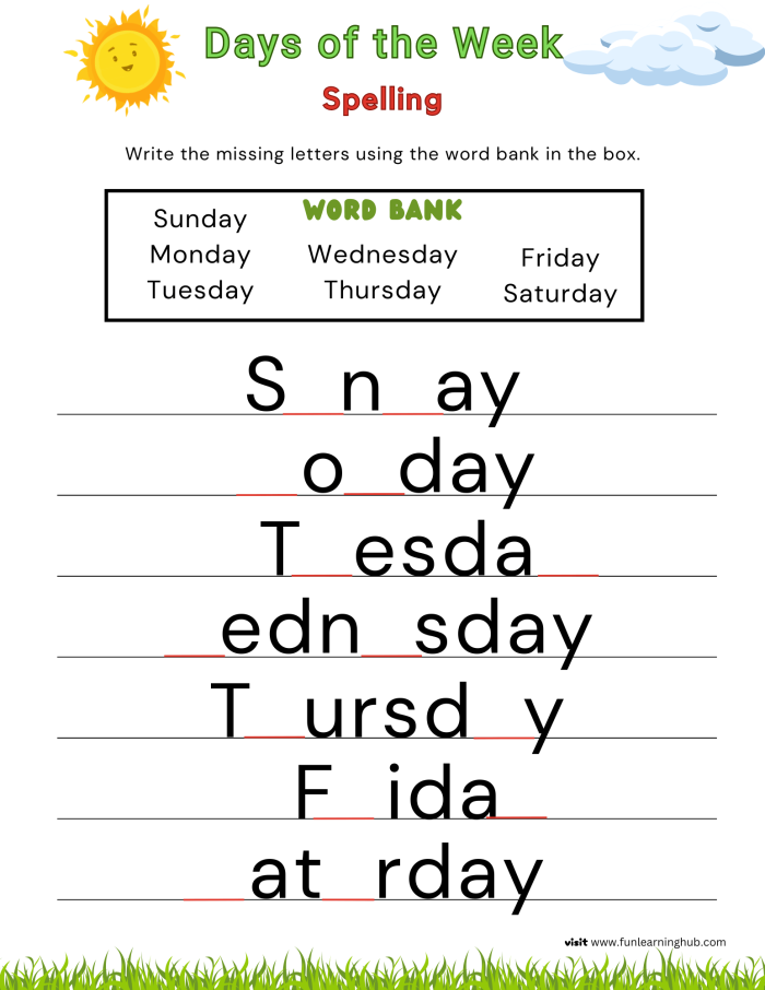 Engaging educational resource for learning days of the week in a fun way Colorful Spring into Spelling worksheet focused on the days of the week for children