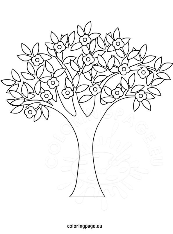 Springtime Tree coloring page with flowers and butterflies for young readers, image 6 Kindergarten worksheet with a flowering spring tree, butterfly, and lilies to color