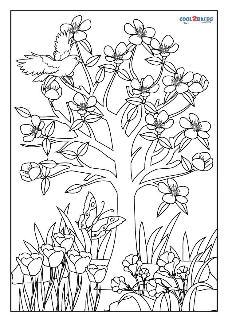 Color the Springtime Tree worksheet for young readers, image number 24 Kindergarten worksheet showing a spring tree with flowers, butterflies, and lilies to color