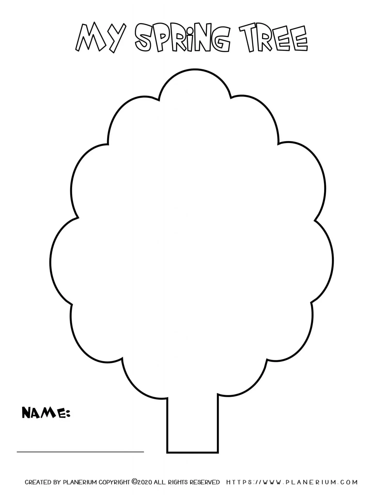 Springtime Tree Coloring Page for Young Readers with Flowers and Butterflies, Image 3 Kindergarten coloring worksheet with a blooming tree, butterfly, and lily-filled landscape celebrating spring