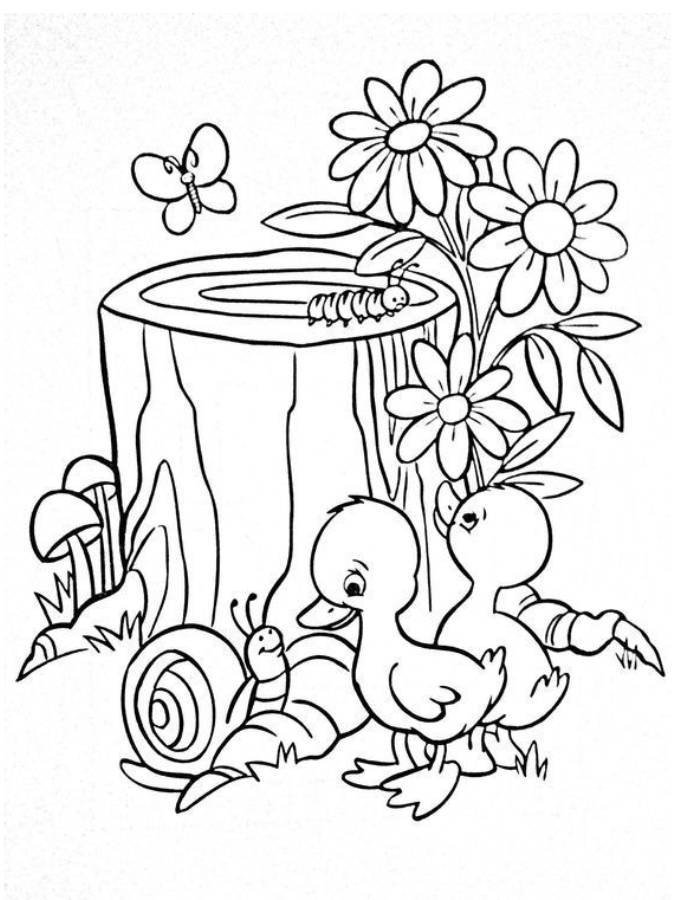 Springtime Tree Coloring Worksheet with flowers and butterflies for young learners Coloring page of a spring tree with flowers, a butterfly, and blooming lilies for kindergarten reading