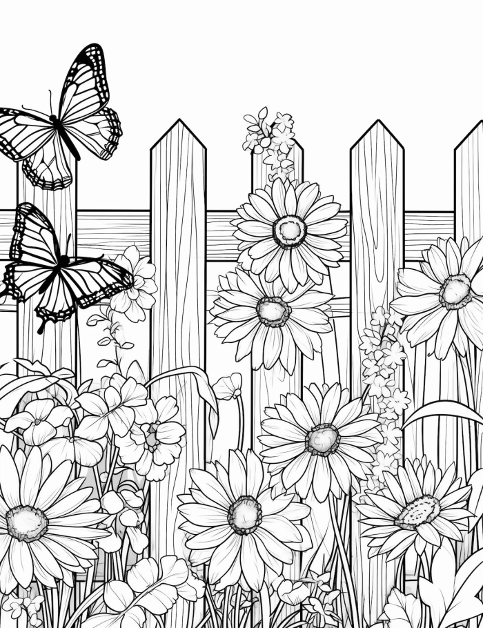 Creative Color the Springtime Scene worksheet for fractions learning, image 3 Kindergarten spring nature scene with flowers and butterflies for coloring
