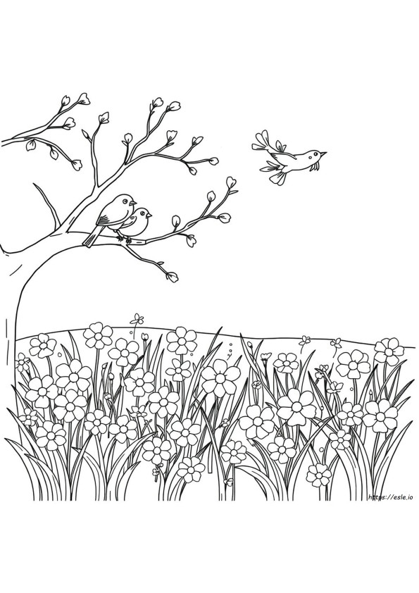 Springtime Scene worksheet for kindergarten with a fun fractions coloring activity 10 Kindergarten fraction worksheet featuring a springtime nature scene for creative coloring