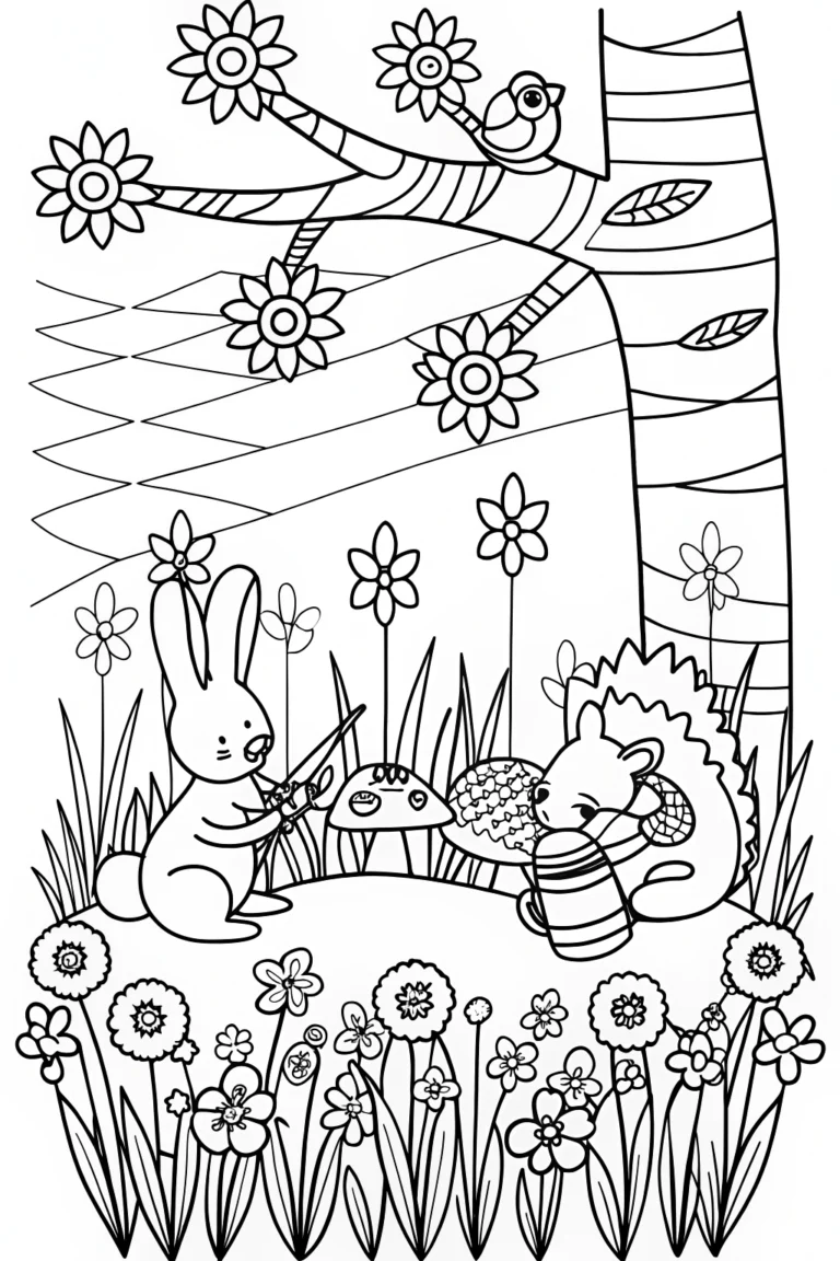 Color the Springtime Scene worksheet inspiration for creative fraction practice in kindergarten, image 14 Kindergarten spring scene coloring worksheet featuring flowers and butterflies for fraction learning