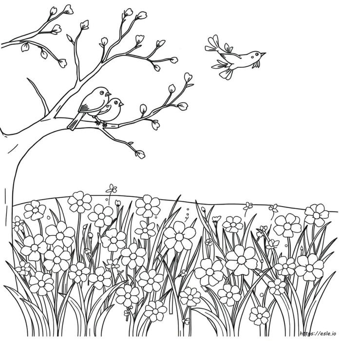 Creative Color the Springtime Scene worksheet for young learners, image 11 Kindergarten fraction worksheet featuring a cheerful springtime nature scene to color