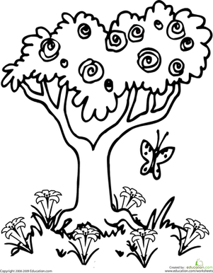Springtime Tree coloring page featuring flowers, butterflies, and lilies for young learners Color the Springtime Tree worksheet with a butterfly, flowering tree, and lily-filled landscape for kindergarten reading