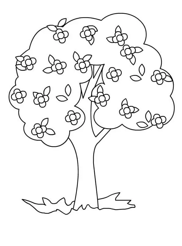 Springtime Tree coloring page with flowers, butterfly, and lilies designed for young readers on worksheet number 15 Color the Springtime Tree worksheet showing a blooming tree, butterfly, and lily-filled meadow for kindergarten reading