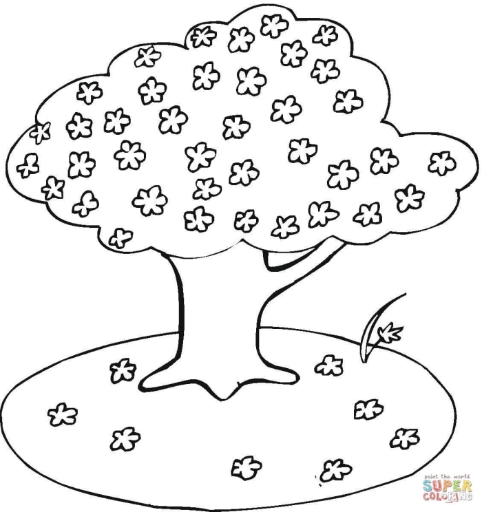 Springtime Tree coloring page with flowers, butterfly, and lilies for early reading skills practice Color the Springtime Tree worksheet showing a blossoming tree, butterfly, and lily-filled landscape for kindergarten readers