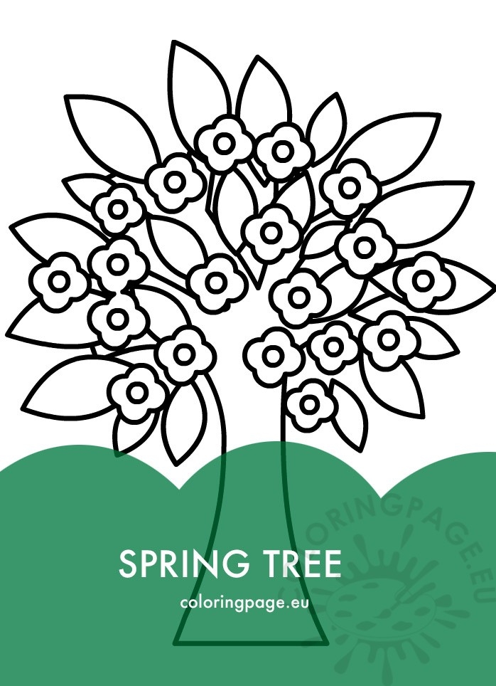 Color the Springtime Tree activity sheet with garden scene for young readers, image 9 Kindergarten worksheet showing a flowering tree with butterflies and lilies to color in springtime