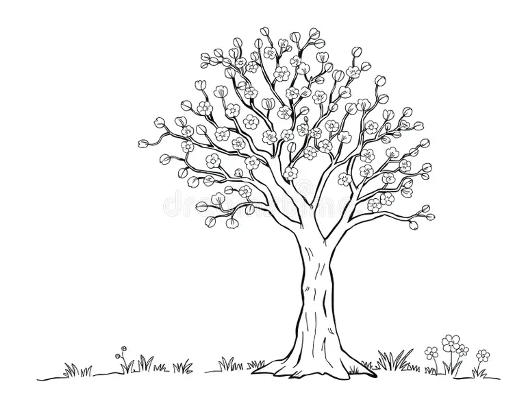 Springtime Tree coloring page with flowers and butterflies for young learners reading activity number fourteen Color the Springtime Tree worksheet showing a blooming tree with butterflies and lilies for kindergarten reading
