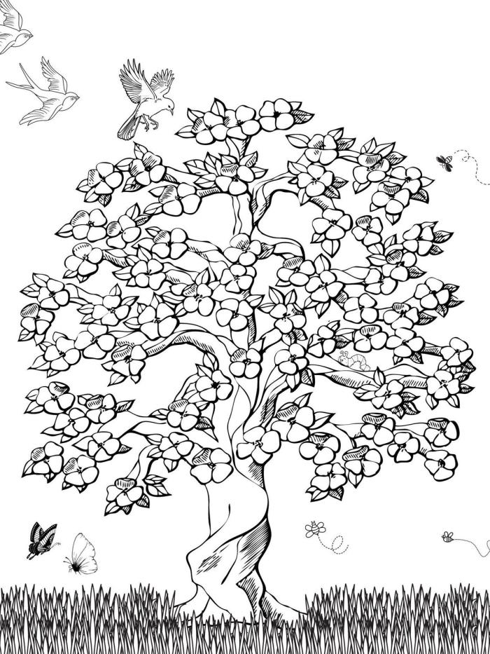 Springtime Tree coloring page with flowers and butterflies for young readers, image 25 Color the Springtime Tree worksheet with a butterfly and blooming lilies for kindergarten reading