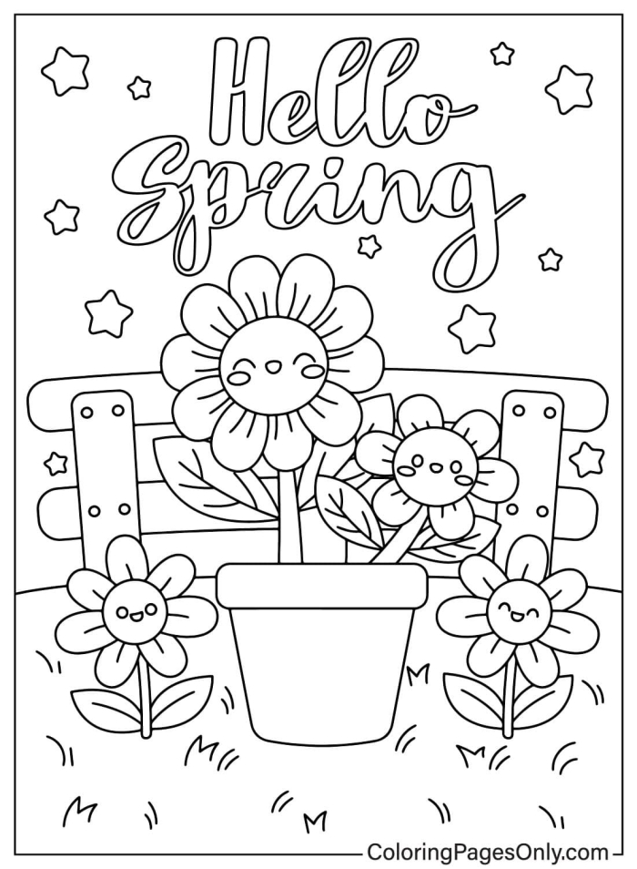 Springtime Tree coloring page with flowers and butterflies to inspire young learners grade K, image sixteen Color the Springtime Tree worksheet showing a blooming tree, butterfly, and lily-filled meadow for kindergarten reading activities
